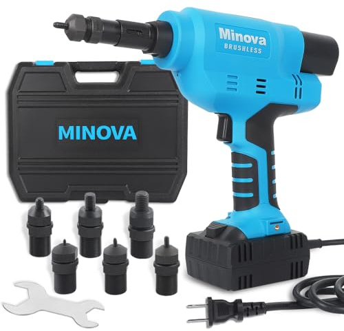 MINOVA Blindnietmuttern-Setzgerät KD-04X Profi-Serie mit 24.000 N Setzkraft kompatibel mit M3, M4, M5, M6, M8, M10, M12 Elektrisches Blindnietpistolen-Set mit Koffer