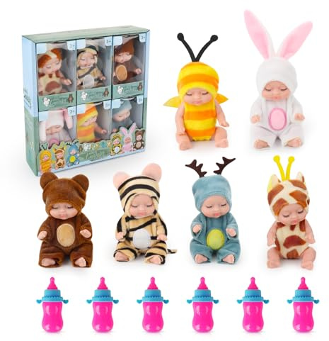 Fiotha Babypuppe, 6 Stück Mini-Babypuppe mit 6 Flasche, Newborn Reborn Baby, Baby Mini Puppen,Realistische Babypuppe, Weicher Körper, Puppenspielzeug für Mädchen, Kleinkinder und Kinder