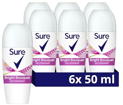 Sure Women Bright Bouquet Roll On Deodorant Antiperspirant with a strawberry, apricot & vanilla fragrance and 48 hour sweat and odour protection 50 ml, Pack of 6