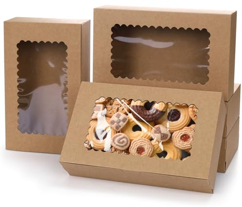 KEYIDO 20 Pack Brown Bakery Boxes with Window 10” x 6” x 2.5” Kraft Cookie Boxes Pastry Biscuit Pie Candy Packaging Boxes for Birthdays Wedding Christmas Party Favors