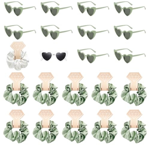 Tulov 22 Stück JGA Brille Team Braut Haargummi,JGA Accessoires Frauen,11 Herzförmige Brille + 11 Bride Haargummi,Bride Partybrille Set für Hochzeitsfeier Wedding Party (Grün)