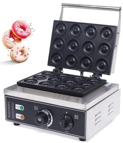 PJDDP Commercial Mini Donut Maker 12 Holes, 1550W Double-sided Heating Electric Doughnut Machine, Non-stick Waffle Donut Maker for Home,Kitchen,Bakery,Cafe,Dessert Shop, Temp & Time Control