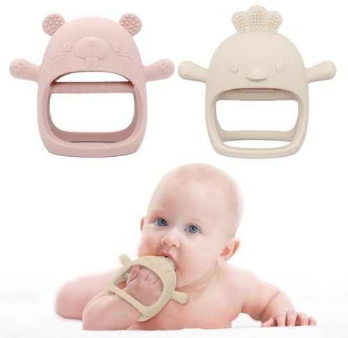 2 Stück Beißring - Zahnungshilfe Beißspielzeug Ab 0 3 6 9 12 Monate, Handschuh Beissring, Sensorisches Fäustling Beißspielzeug, Geschenke für Kleinkinder