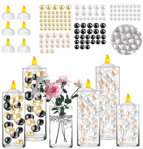 6 Set Glass Cylinder Vases for Centerpieces with Vase Filler 140 Multiple Size No Hole Pearls 10000 Clear Gel Beads and 6 White Floating LED Candles for Wedding Party Home Table Decoration