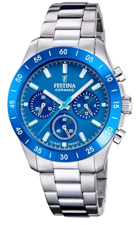 Festina Orologio Unisex Analogico Acciaio Inossidabile 316L Argento - Quarzo Cronografo - Vetro minerale alta resistenza - Impermeabile 10 ATM F20693/4 - Ceramic