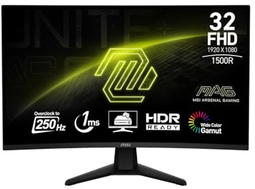 msi MAG 32C6X 31.5-inch 1920 x 1080 (FHD) Computer Monitor, 250Hz, Adaptive-Sync, HDR Ready, HDMI, VGA Port, Display Port, VESA Mountable, Tilt, Speaker, 1ms, Black