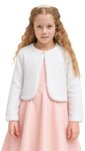 Lilax Girls Cozy Faux Fur Bolero Shrug Long Sleeve Crew Neck Dress Coat (7,White)