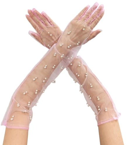AWOCAN Women's Sheer Long Pearl Mesh Tulle Gloves - Wedding & Bridal Gloves for 1920's Dance, Opera & Party (Pink, L)