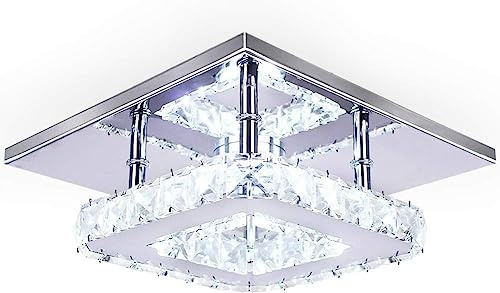Dixun Contemporary Mini Crystal Chandelier Flush Mount Ceiling Light Finish Chrome Crystal Pendant for Living Room Kitchen Office Bedroom Dining Room Island (White Square)