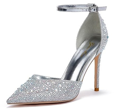 Zhabtuc Silber Strass Pumps für Damen Glitzer Knöchelriemen Stiletto Heels 10 cm/3,94 Inches Funkelnde Spitze Absatzschuhe Party Hochzeit Heels Brautschuhe Glänzende Stöckelschuhe, 42 EU