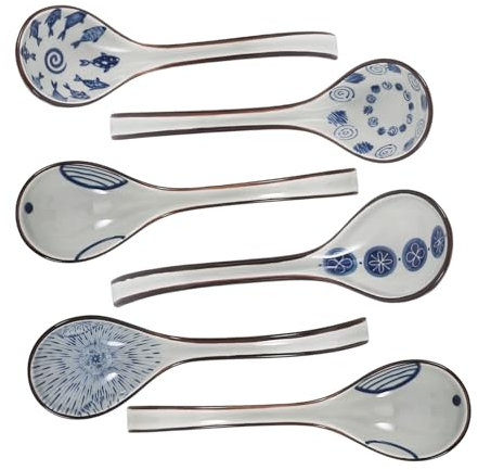Healifty 6pcs Blue and White Ceramic Soup Spoons Long Handled Asian Spoons for Serving Ramen and Soup in Kitchen