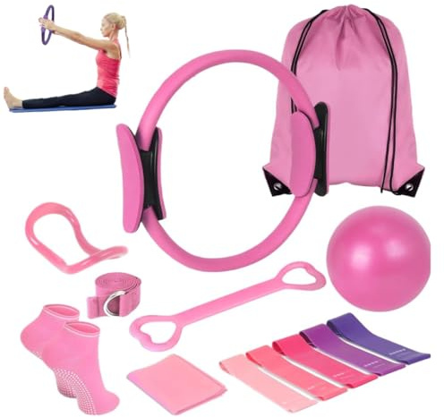 Pilates Ring Kreis Set 13-teilige Pilates Ausrüstung Zubehör für Home Workouts 9.8 Pilates Ball 12 Magic Circle Yoga Ring und Widerstand Bänder für Frauen Pilates Ring und Ball Set Geschenk (pink)