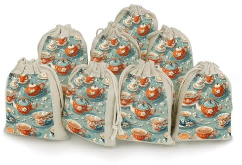 FZQVSGW 8 x Geschenktüten für Teekanne und Tasse, Jutebeutel, wiederverwendbar, mit Kordelzug, Geschenkbeutel für Party-Dekorationen