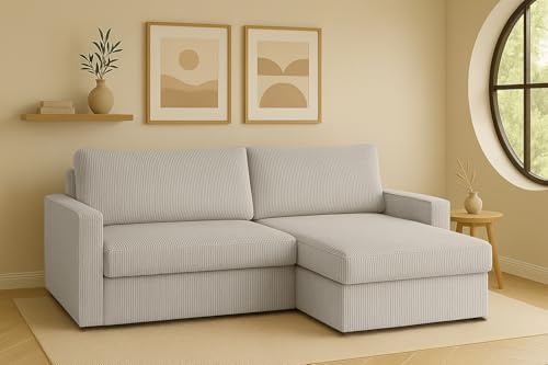 Kaiser Möbel - Ecksofa mit Schlaffunktion und Bettkasten, Wohnlandschaft L Form, Schlafsofa, Bequemes Couch mit Ottomane für Wohnzimmer, Cordstoff, Klappsofa, Lounge-Set L-Form, LUBEKA, Beige, Rechts
