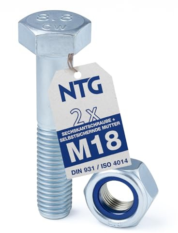 Befestigungssatz Sechskantschraube M18 x 100 mm mit selbstsichernder Mutter – Stahl verzinkt | Festigkeitsklasse 8.8 | Teilgewinde nach DIN 931 & ISO 4014 (2 Stück)
