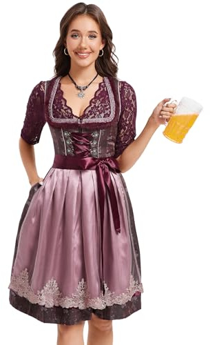 KOJOOIN Dirndl Damen Trachtenkleid Weinrot Dirndlkleid Midi Jacquard Trachtenrock Oktoberfest Outfit mit Dirndlschürzen Weinrot 40