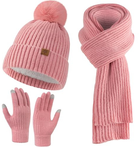 Womens Winter Beanie Hat Scarf Gloves Set, Knitted Lined Long Scarf Hat Touchscreen Gloves Gift for Women 3 in 1 Set