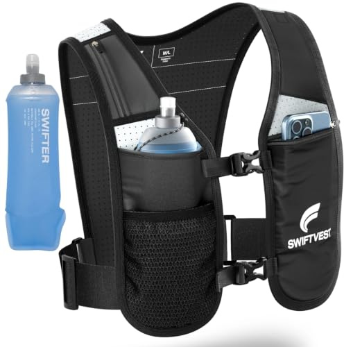 SWIFTVEST Laufweste für Damen und Herren, INKLUSIVE – 500 ml weiche Trinkflasche, leichte, reflektierende Handyhalterung, Trinkweste, verstellbar, Unisex, Laufzubehör (Schwarz, L – XL)