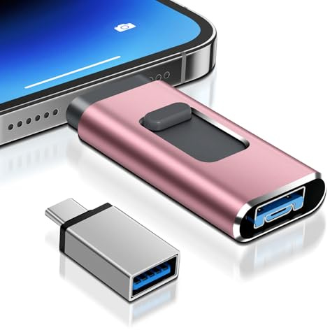 USB Stick für i-Phone 128GB,4-in-1 USB Stick mit Lightnning-Port, USB, USB-C, Micro-USB-Port, USB 3.0 Speicherstick für iPhone/iPad/Android-Handy/Laptop/PC, ohne App(Rosa)