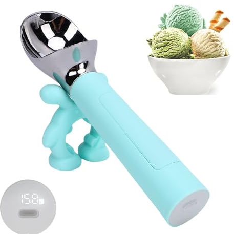 Yanmis Electric Heated Ice Cream Scoop, Rechargeable Heated Scooper for Hard Ice Cream with LED Display Heats to 70℃ in 3-5 Seconds Automatic Heating (Sky Blue)