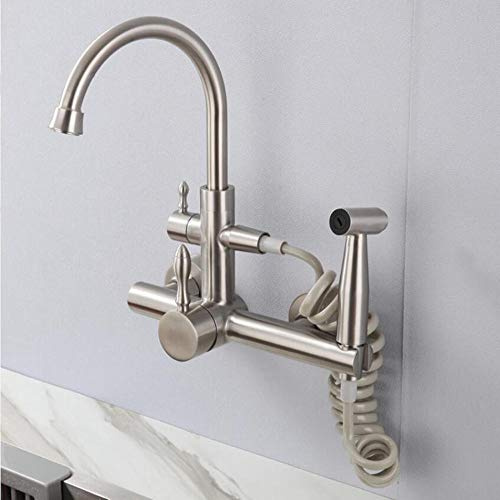 Küchenarmaturen zur Wandmontage, ausziehbare Multifunktionsspritzpistole, Edelstahl 304, Wandmontage, Warm- und Kaltwasserhahn, Spüle, Spüle, Spüle, Waschbecken, großes, gebogenes Rohr, einzelnes