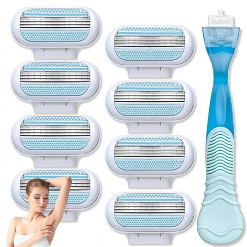 8PCS Women's Razor Blades Refills With Blue Handle,Women Razors For Shaving,Razor Heads Women,3 Layer Head & Pivoting Head,Smooth Womens Razors For Smooth Shave,Effortless,Washable & Easy To Replace
