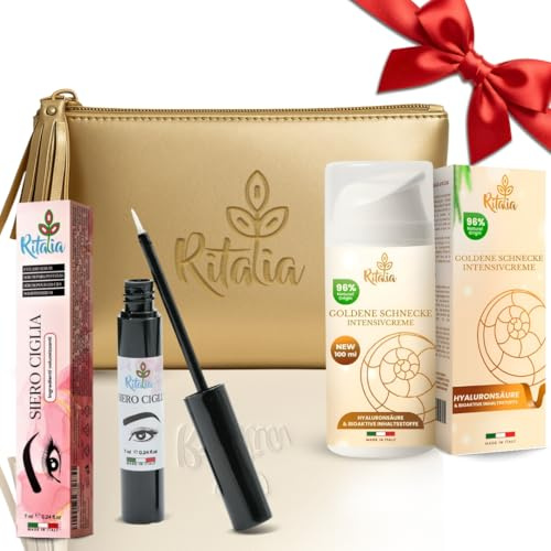 Ritalia® SCHNECKENSCHLEIM GESICHTSCREME 100 ml + WIMPERN- & AUGENBRAUEN-SERUM + Goldene Beauty-Tasche | Anti-Falten Creme mit reinem Schneckenschleim & Hyaluron | Wimpernserum für Wachstum & Dichte