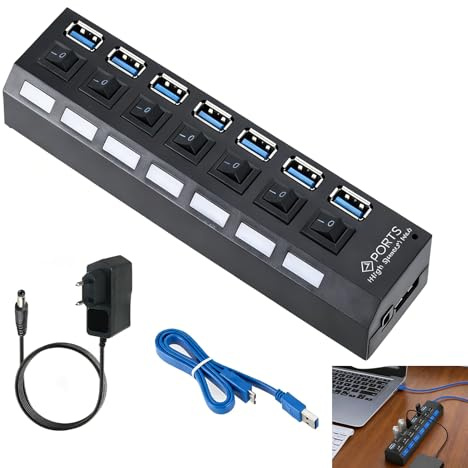 Hub USB 3.0 Alimentado, Concentrador USB 7 en 1 con 1 Puerto USB 3.0 y 6 Puertos USB 2.0, Adaptador Multipuerto con Interruptores Independientes, Indicadores LED, Cable de 40 cm para PC, Ordenador
