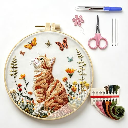 Embroidery Kit, Cats & Butterflies Starter Set with Video Tutorials | Embroidery Kit for Beginners, Learn 28 Different Stitches, 15cm Anti-Bamboo Hoop, Gift for Mom, Grandma, Sister, Home Decor