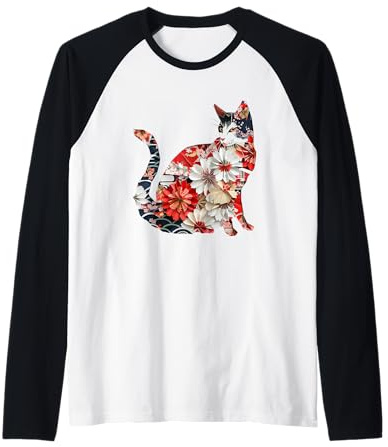 Gatto Origami Gatti Giapponesi in Fiore di ciliegio Giappone Maglia con Maniche Raglan