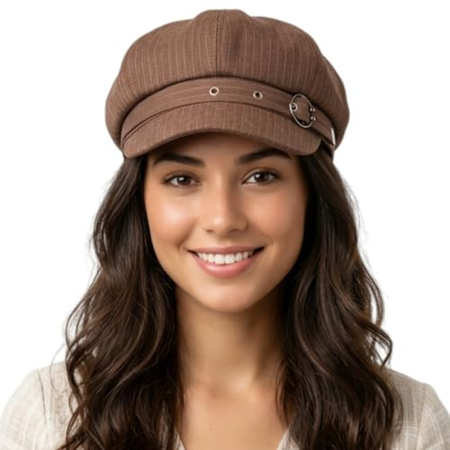 HIQIU Ballonmütze Damen mit Visier Stilvoll Baskenmütze British Schirmmütze | Klassische Achteckig Newsboy Cap für Frühling,Sommer und Herbst