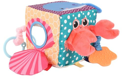 Topiky Baby Soft Cube Toys for 0-3-6-9-12 Months Newborn Infant, Fabric Sensory Activity Cube with Soothing Rattle Hand Ball, Soft Cloth Block Teether Toys for Crib Stroller, Safe