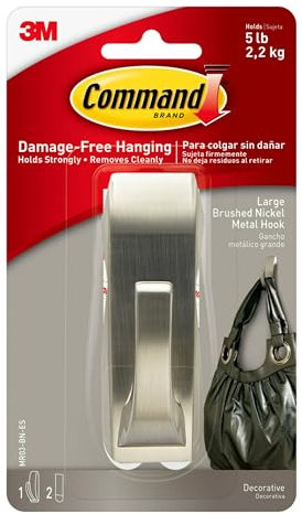 Command Large Modern Reflections Brushed Nickel Metal Hook, Indoor use - 1 Hook and 2 Adhesive Strips - Hang Jackets, Purses, Handbags, Backpacks, Hats, Scarves, Dog leads - Organise Damage Free