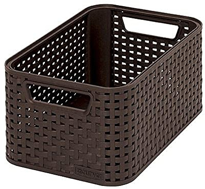 Curver Panière de Rangement 6L en avec Un Design Rotin Tressé pour Salle de Bain, Chambre, Bureau - Poignées Ergonomiques - Marron Foncé