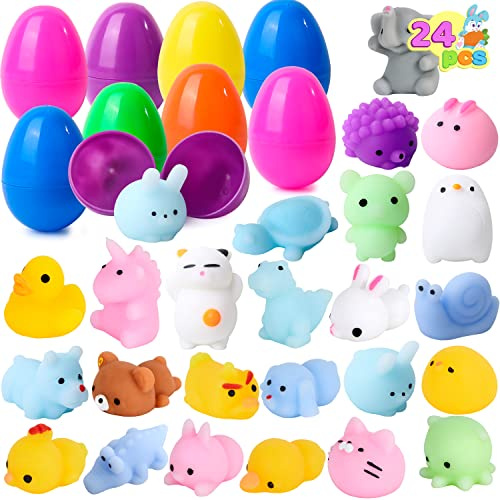 JOYIN 24 Pieces Mochi Prefilled Easter Eggs Toys Inside Kawaii Foamy Stress Reliever toys for Easter Theme Party Favor, Easter Eggs Hunt, Basket Filler Classroom Prize Supplies