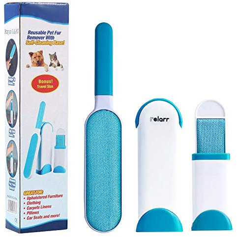 Pet Hair Remover Brush,Tur Remover for Pet Hair and Clothes Double-Sided with Self-Cleaning Base and Travel Size Brush (Blue, streamline)