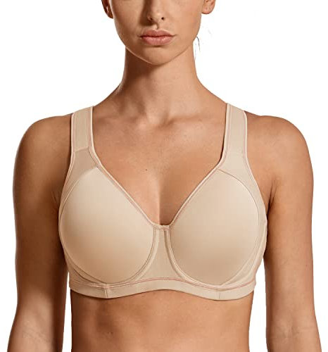 SYROKAN Damen Sport BH Starker Halt Verstellbarer X-Rücken, Große Brüste Leicht Gefüttert BHS mit bügel für Fitness Lauf Joggen Beige-A262 70G