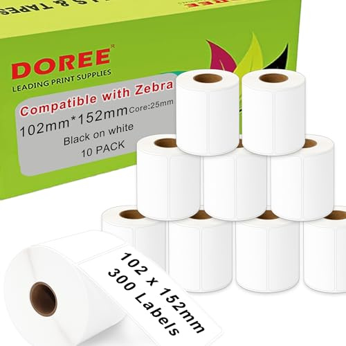 DOREE 10 rotoli di etichette per spedizioni bianche 100 x 150 mm, compatibili con Zebra GK420D/GX420D/GK420T/GX420T/ZD620/ZD500R/ZT230/ZT410, 300 etichette/rotolo, nucleo 25 mm (1 LZ-102-152-25).