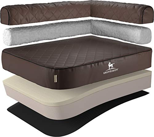 Knuffelwuff Orthopädisches Eck Hundebett Winslow aus Laser-gestepptem Kunstleder XXL 120 x 80cm Lehne Rechts Braun - Abnehmbarer Bezug - leicht zu reinigen - für große, mittelgroße und kleine Hunde