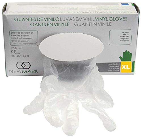 GUANTES DE EXAMEN DE VINILO, CON O SIN POLVO - Varias tallas - Caja de 100 UNIDADES. (Sin Polvo, XL)