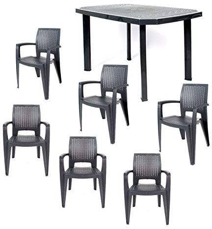 CREVICOSTA QUALITY MARK MARCAS DE CALIDAD - Conjunto Mesa Viana Rectangular + 6 sillas Caribe de Resina (Antracita)