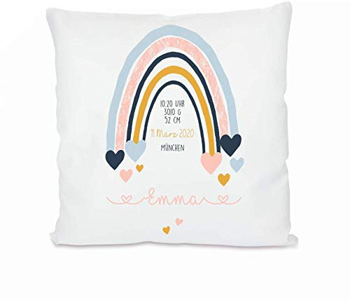 Manufaktur Liebevoll I Babygeschenk „Regenbogen“ für Mädchen mit Geburtsdaten, Namen und Datum personalisiert I Geschenk zur Geburt I Originelles Namensgeschenk fürs Baby I Geburtskissen