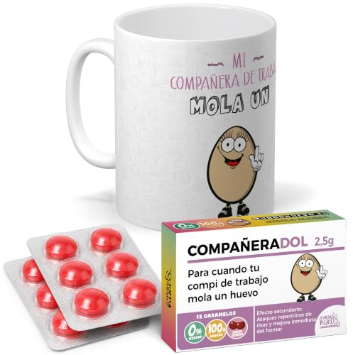 Pack Divertido compañeras de Trabajo | Taza + Caramelo Mi compañera de Trabajo Mola un Huevo | Cerámica AAA - 350 ml.