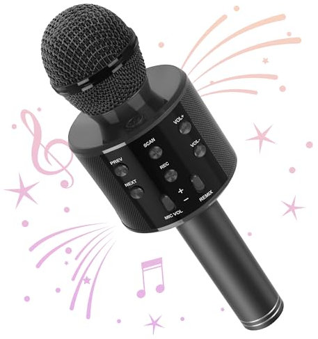 Wowstar Microphone sans Fil Karaoké, Microphone Bluetooth Karaoké pour Enfants Adultes, Micro à Main Portable Haut-Parleur pour Enfants/Adultes Chanter, Compatible avec Android/iOS/PC/Smartphone Noir