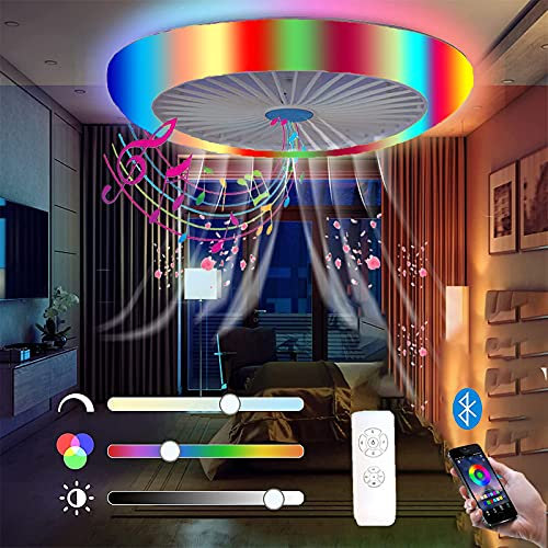 RGB Farbwechsel Musik Lautsprecher Fan Deckenventilator mit Beleuchtung und Fernbedienung Leise LED Deckenleuchte mit Ventilator Dimmbar Deckenlampe Bluetooth APP Steuerung für Schlafzimmer Wohnzimmer