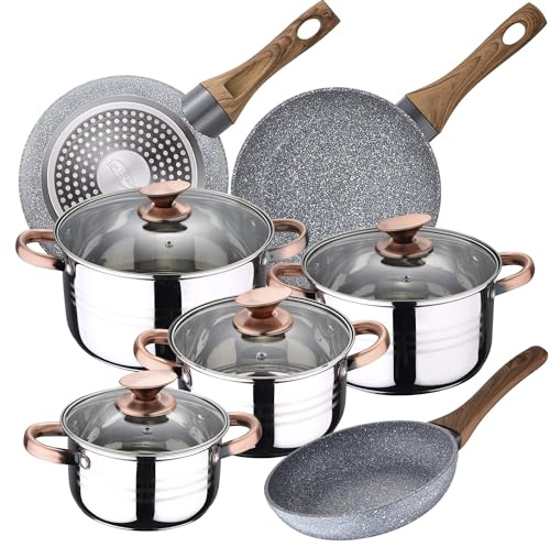 Bateria de cocina 8 piezas SAN IGNACIO Premium Nona, acero inoxidable, con juego sartenes (22/24/26 cm) SAN IGNACIO Daimiel en aluminio forjado