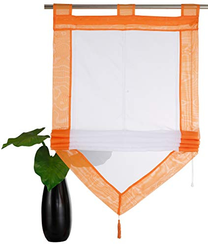 Devola Voile Scheibengardinen mit Quaste Panneaux HxB 140x60cm Orange | Gardine Zweifarbig Bistrogardine Küche Transparent Kurzstore mit Schlaufen Fenster Gardinen Modern 1er Pack