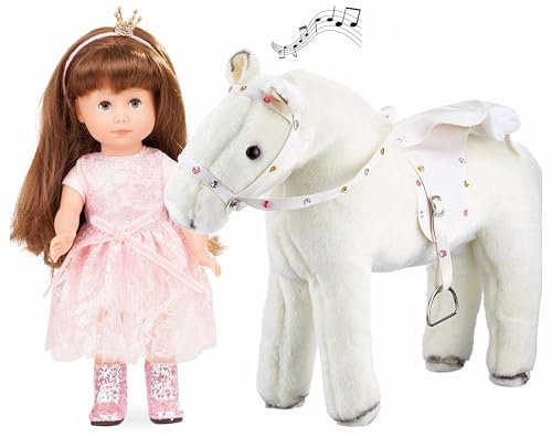 Götz 2113137 Just Like me Chloe mit Weißem Blitz - Prinzessin Chloe Puppe mit Plüschpferd - 27 cm große Stehpuppe mit extra Langen braunen Haaren, blauen Schlafaugen in 14-teiligen Set