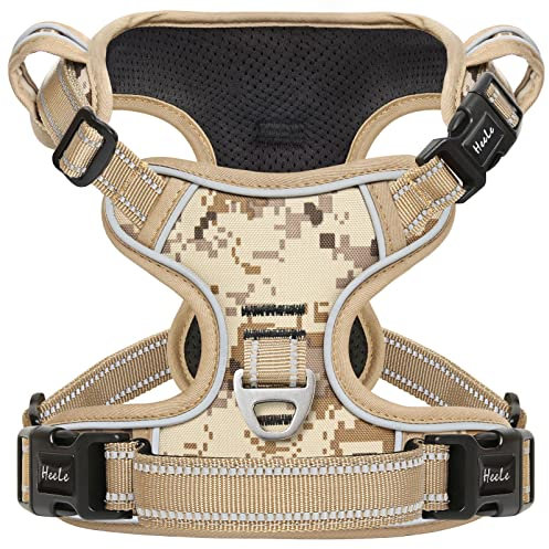 HEELE Hundegeschirr, für Grosse Hunde, Freigabe am Hals, Vorderseite Rückseite Clips Einstellbar Reflektierend Anti Zug Geschirr mit Gepolstert Grifff, Tarn-Wüste, L