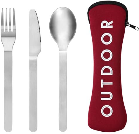 GRÄWE Reisebesteck-Set, Edelstahl Campingbesteck, wiederverwendbar, 3-teilig inkl. Etui, mit Messer Gabel Löffel, BPA-frei, rote Hülle